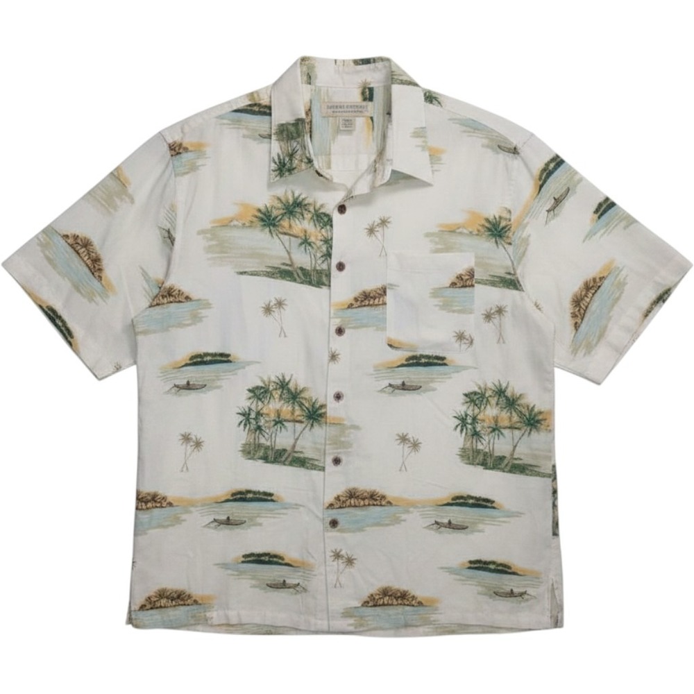 Island Republic Mens Large Silk Tropical Palm Tree Aloha Camp Shirt Off White